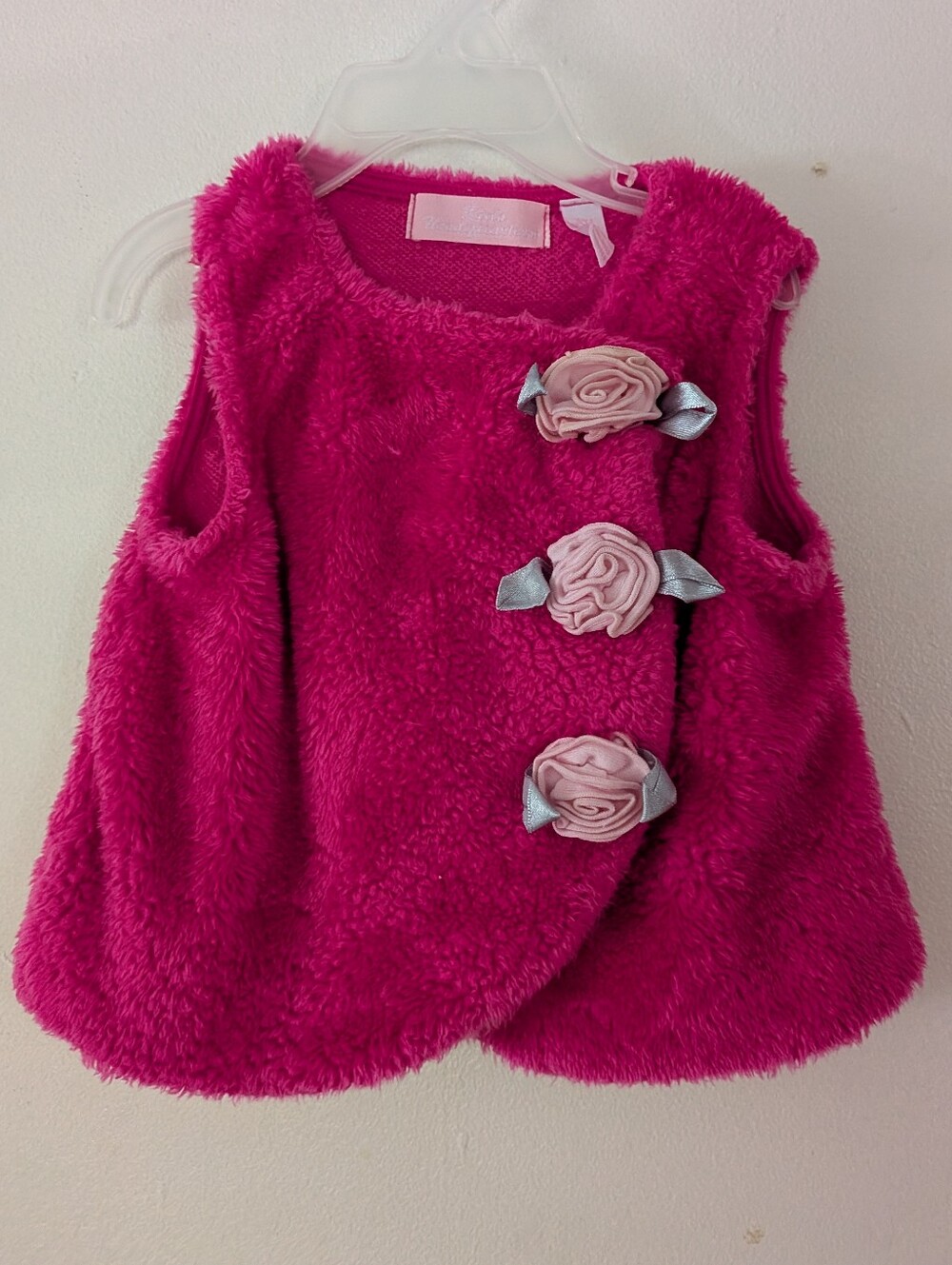 Hot Pink Fucsia Fuzzy Plush Vest with Light Pink Roses